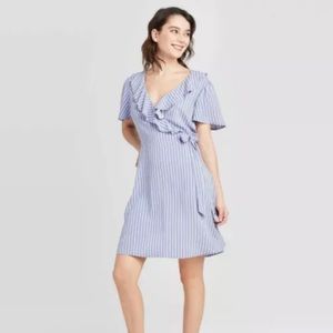 Blue and white striped ruffle wrap dress